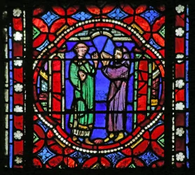 Vitrail représentant Scène de la Vie de Saint Bonnet : Saint en Route pour Rome recevant des Rafraîchissements de l